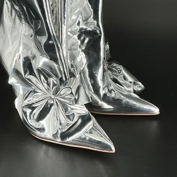 Sam Edelman Size 8 Silver Metallic Pointed Esmae Ankle Bootie Bow Stiletto Boots